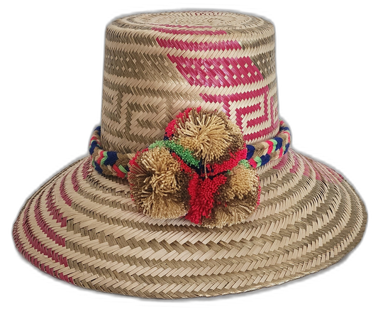 Handmade Wayuu straw hat with pink and olive patterns and multicolor pompoms
