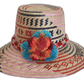 Handmade Wayuu straw hat with pink, red, and navy tribal designs