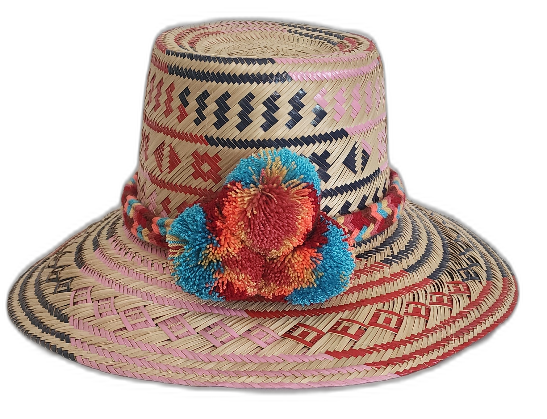 Handmade Wayuu straw hat with pink, red, and navy tribal designs