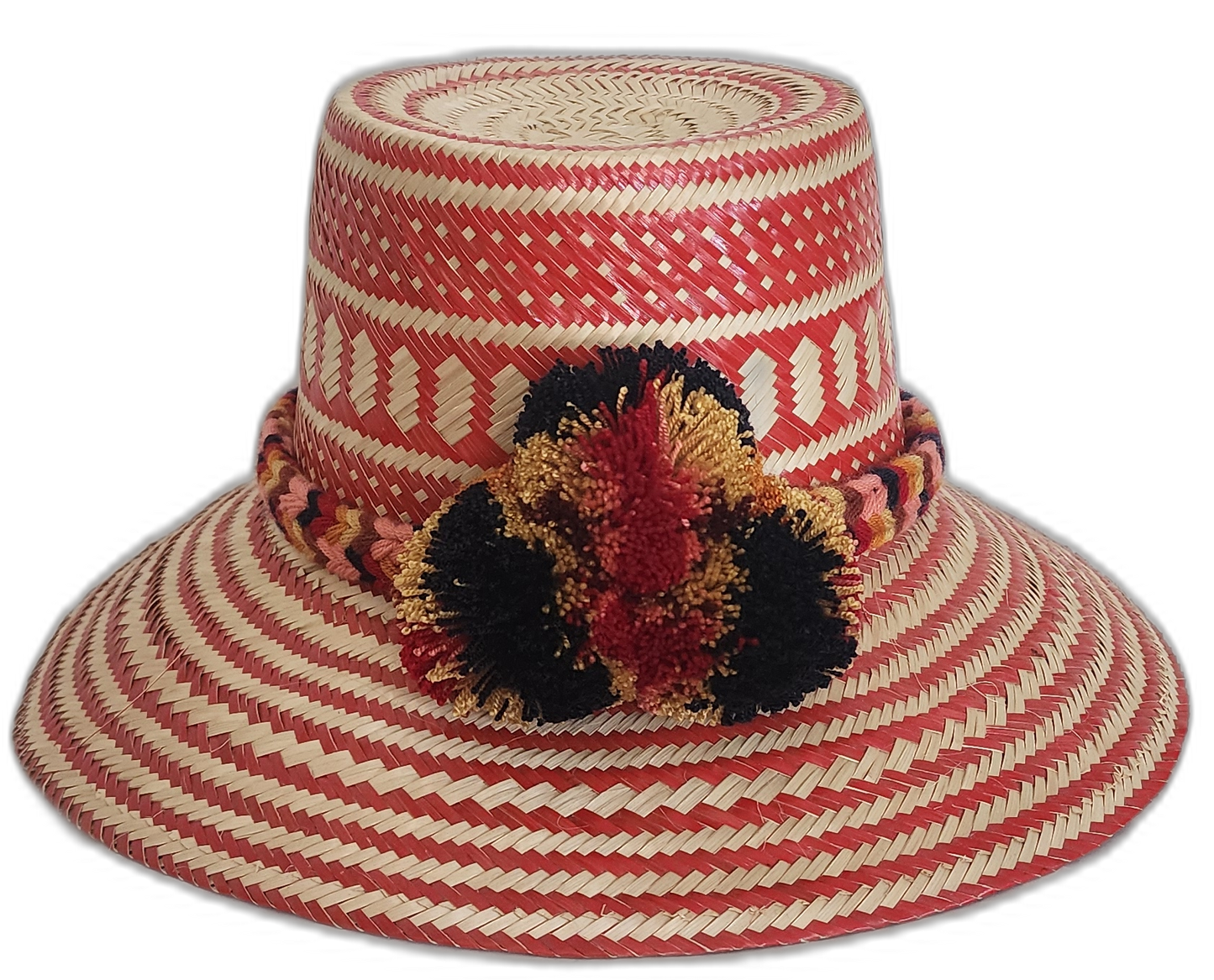Handmade Wayuu straw hat with red tribal weave and red-black-gold pompoms
