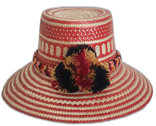 Handmade Wayuu straw hat with red tribal weave and red-black-gold pompoms
