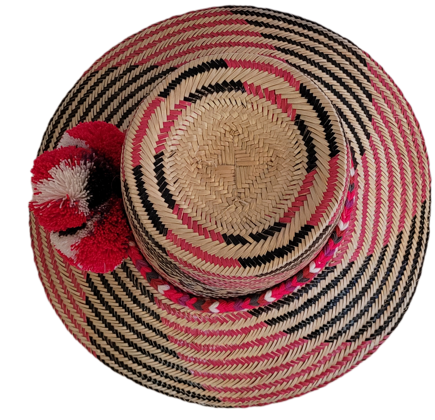 Bohemian straw hat handcrafted with natural Iraca palm and red accents.