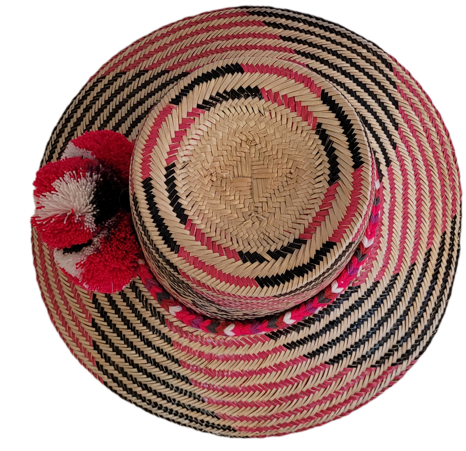 Bohemian straw hat handcrafted with natural Iraca palm and red accents.
