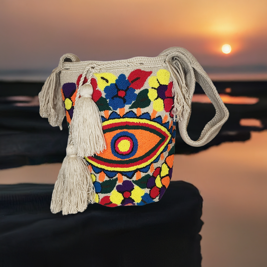 Handmade punch needle Wayuu bag with eye and floral design