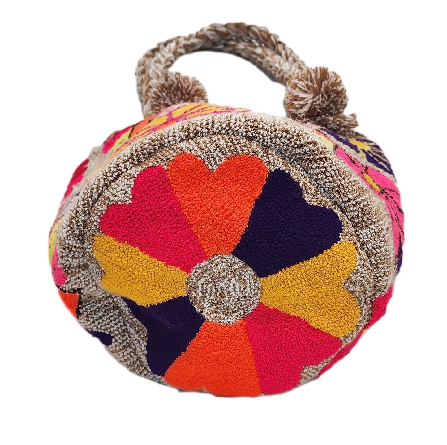 "Handmade Wayuu punch needle bag with colorful intricate designs, short handle, and lined interior, supporting Fair Trade and