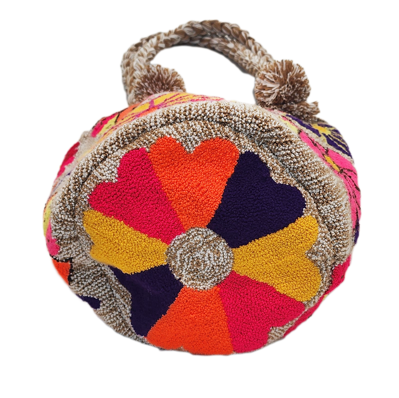 "Handmade Wayuu punch needle bag with colorful intricate designs, short handle, and lined interior, supporting Fair Trade and