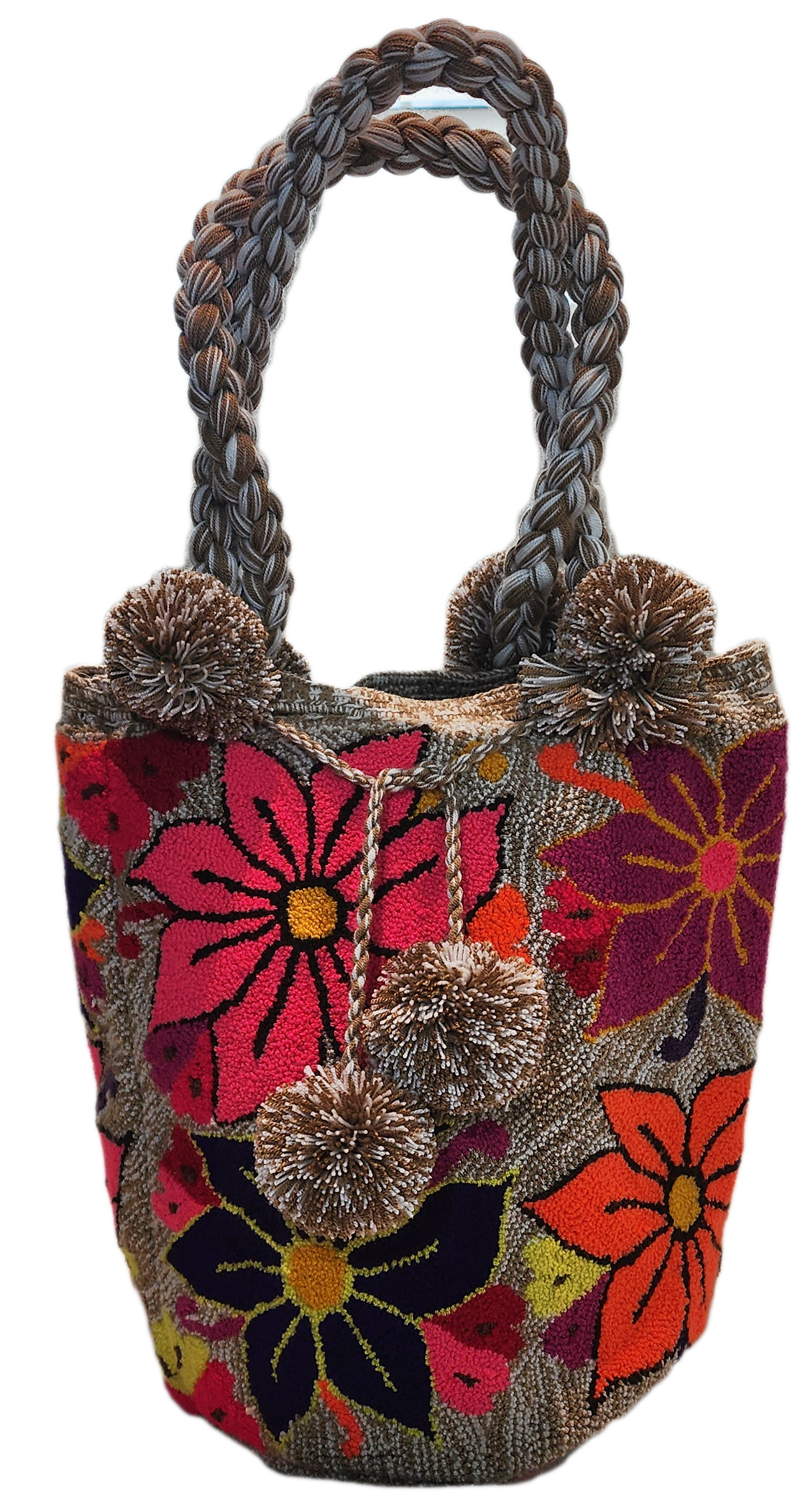 "Handmade Wayuu punch needle bag with colorful intricate designs, short handle, and lined interior, supporting Fair Trade and