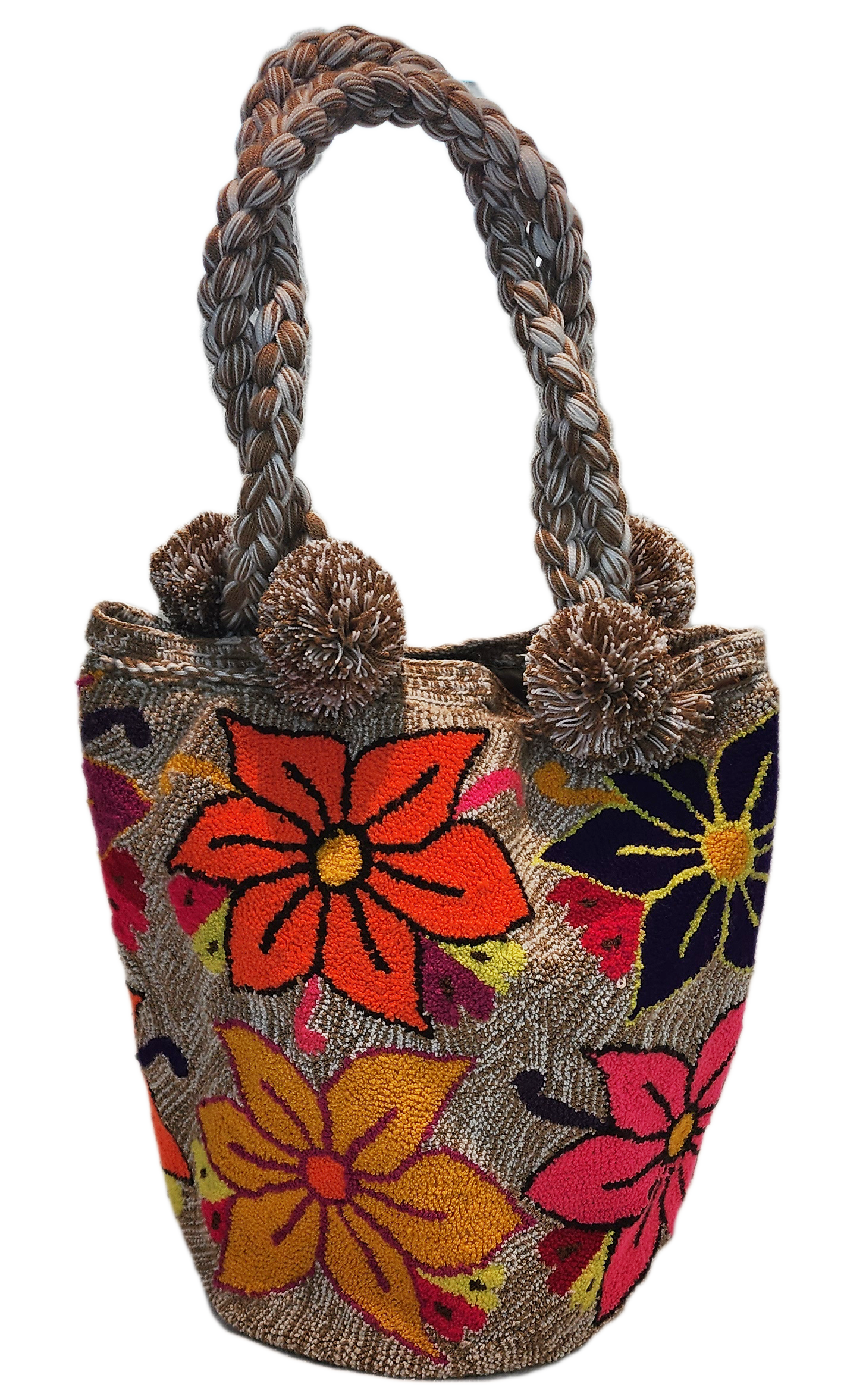 Bottom view "Handmade Wayuu punch needle bag with colorful intricate designs, short handle, and lined interior, supporting Fair Trade and