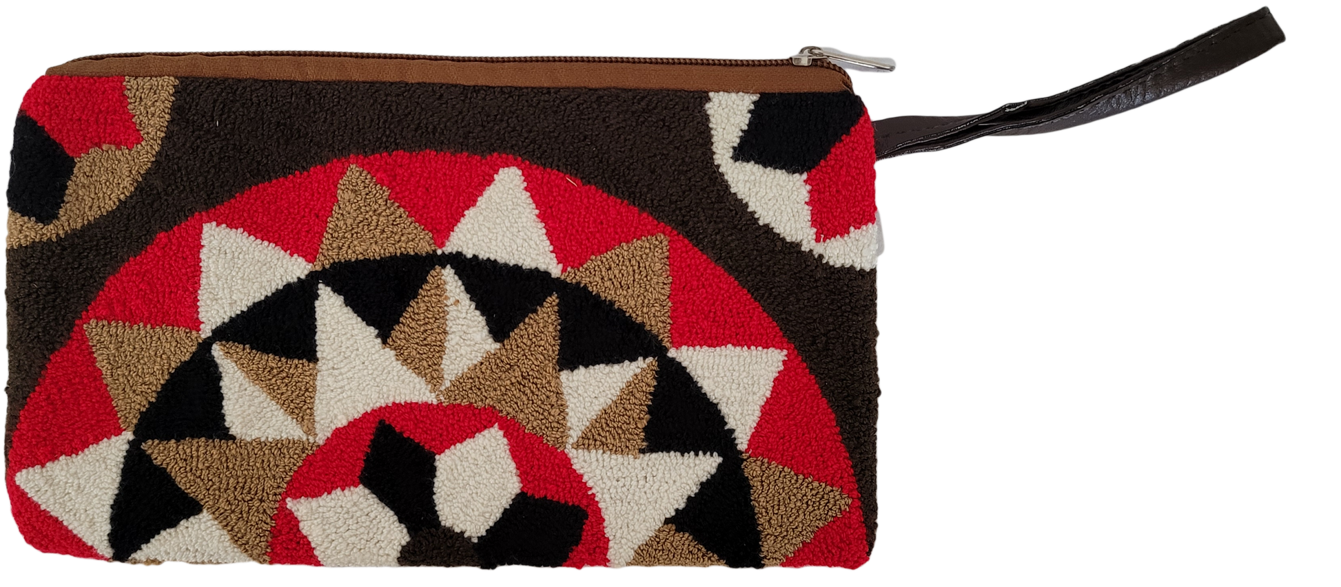 1 Handmade Wayuu punch needle clutch featuring earth-tone shades of red, black, cream, and brown in a bold geometric sunburst design. Boho chic, artisan-crafted.
