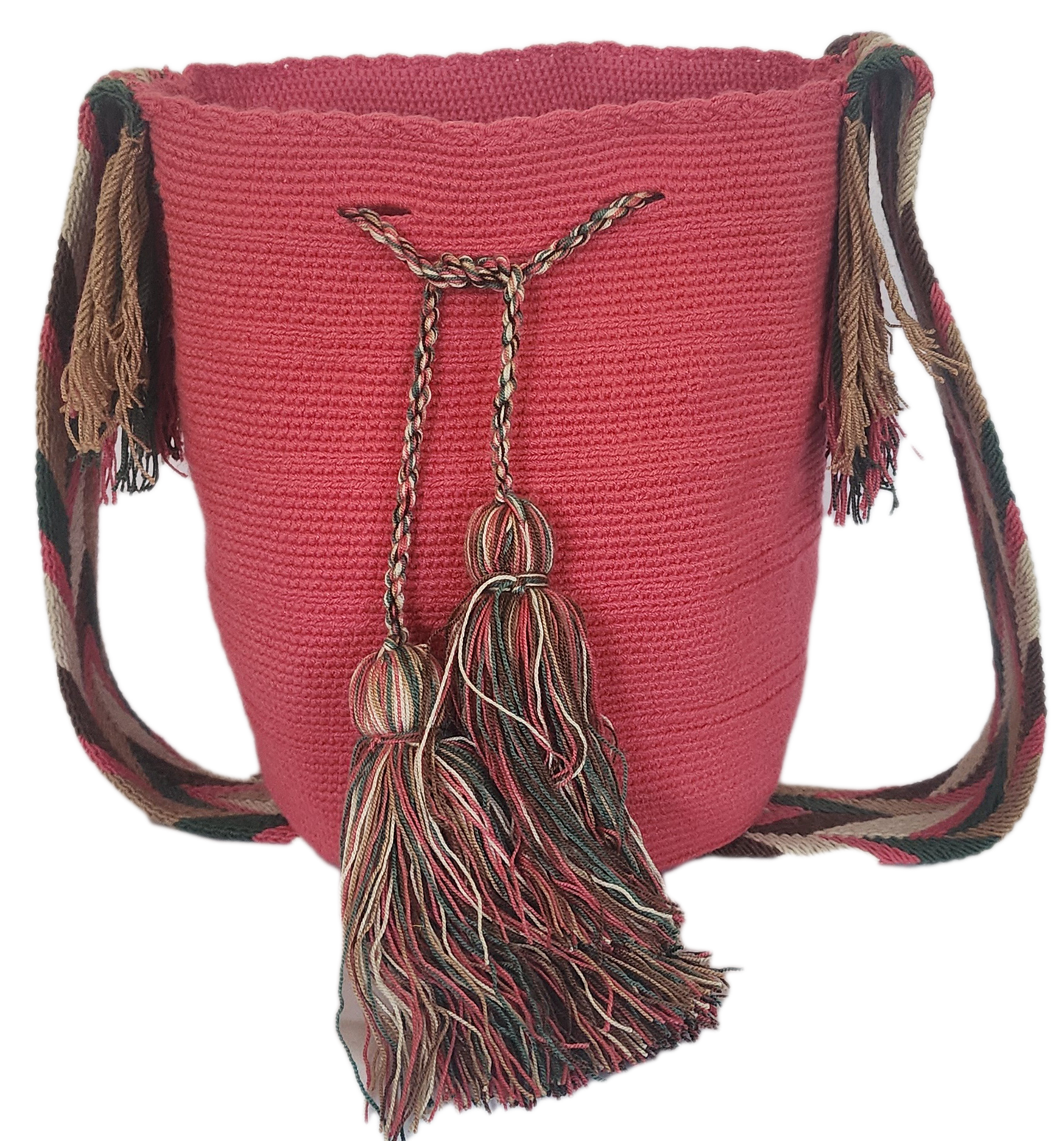 Boho-style Wayuu shoulder bag in coral pink, featuring bold artisan tassels and colorful handwoven strap — perfect for everyday expression.