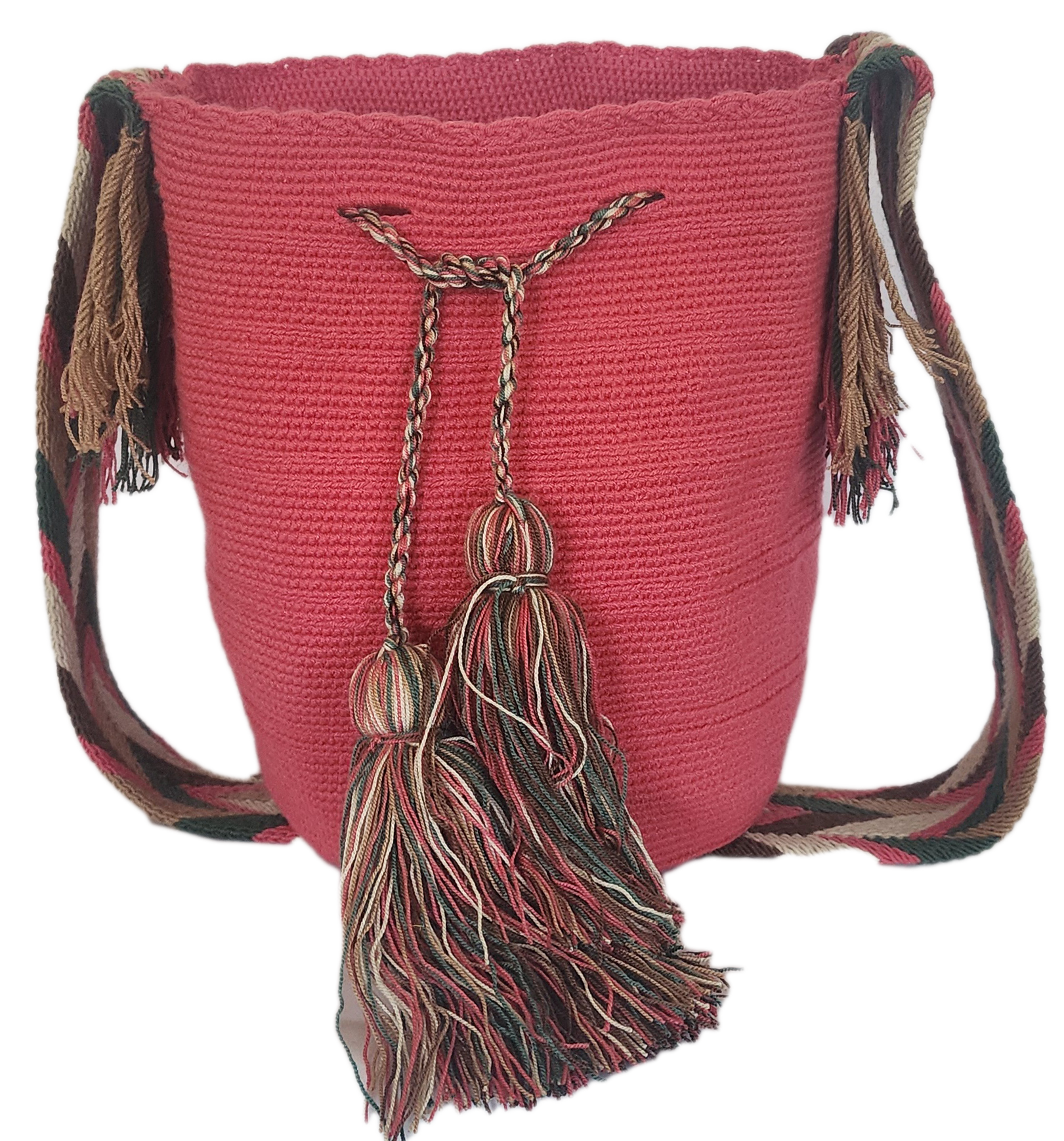 Boho-style Wayuu shoulder bag in coral pink, featuring bold artisan tassels and colorful handwoven strap — perfect for everyday expression.