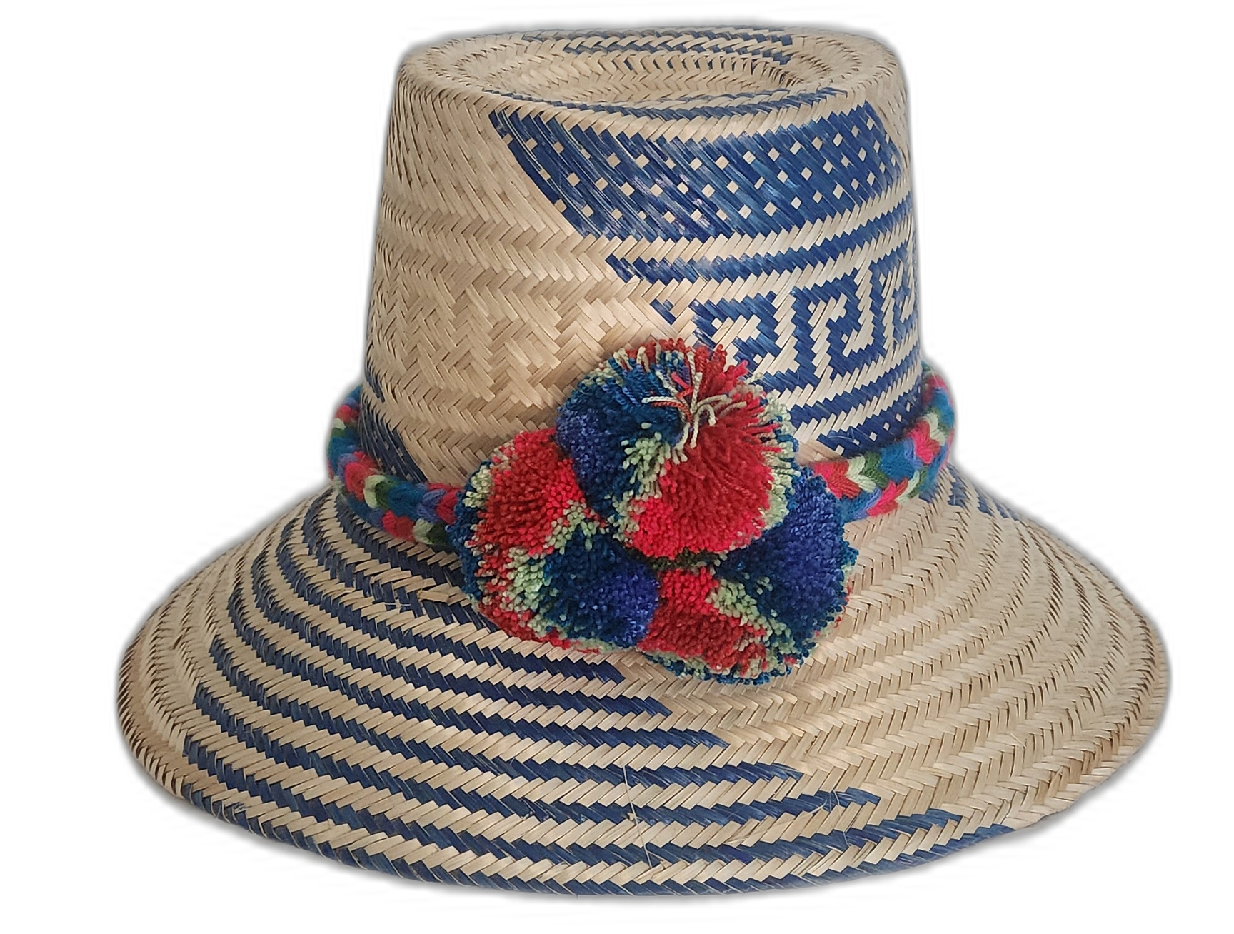 Handmade Wayuu straw hat with blue, red, and green pompoms