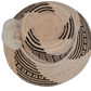 Boho Chic hat, Wayuu artisan-made, straw hat with soft cream pompoms and black-beige weave.

