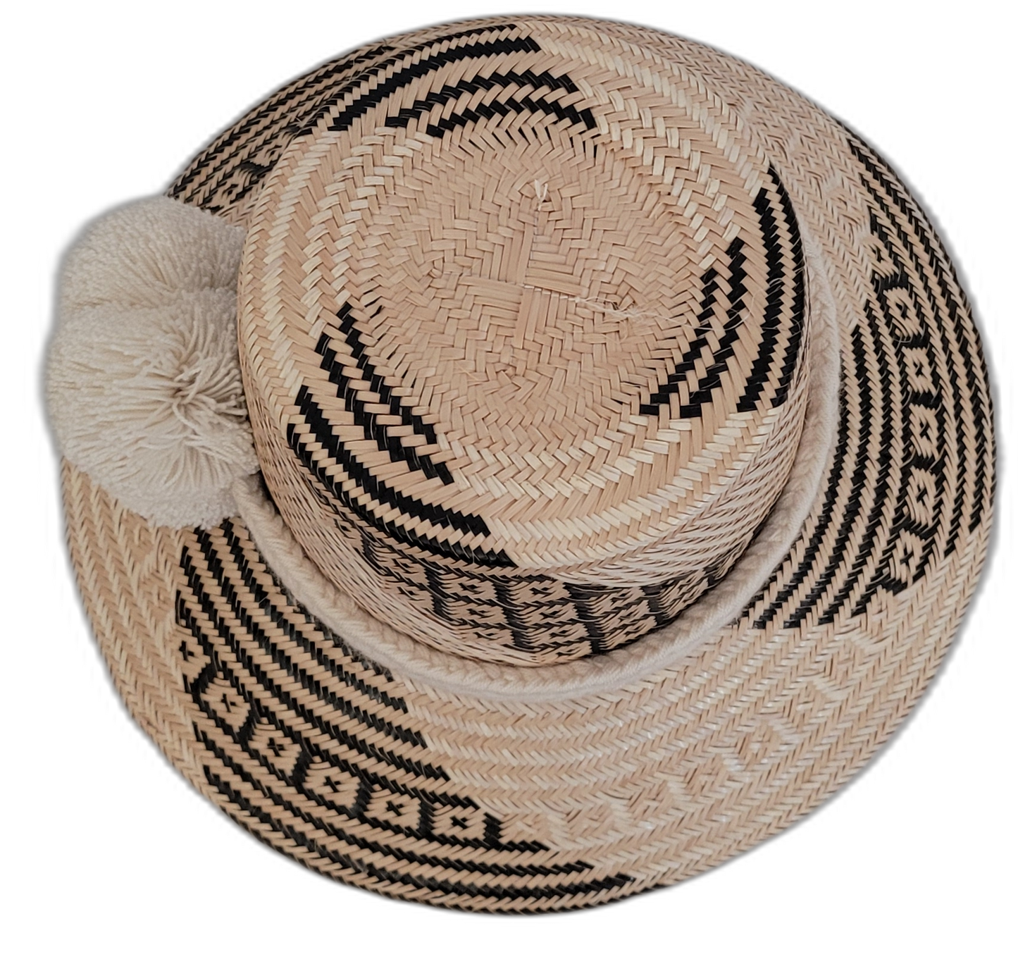 Boho Chic hat, Wayuu artisan-made, straw hat with soft cream pompoms and black-beige weave.

