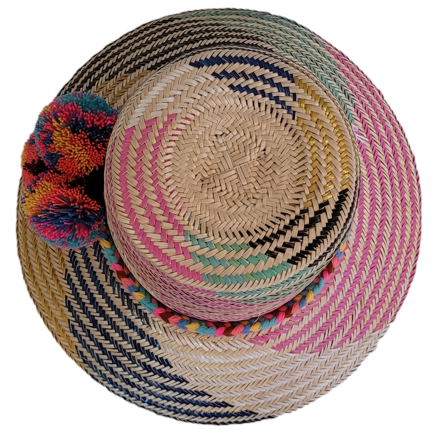 Boho Chick hat crafted by Wayuu artisans, complete with vibrant pompom trim.