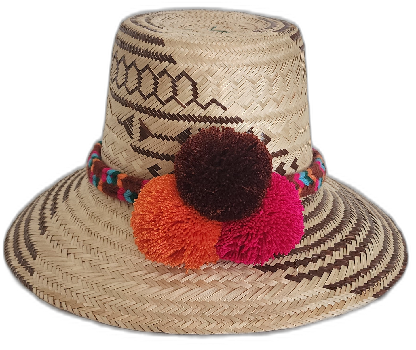 Handmade Wayuu straw hat with brown tribal designs and colorful pompoms