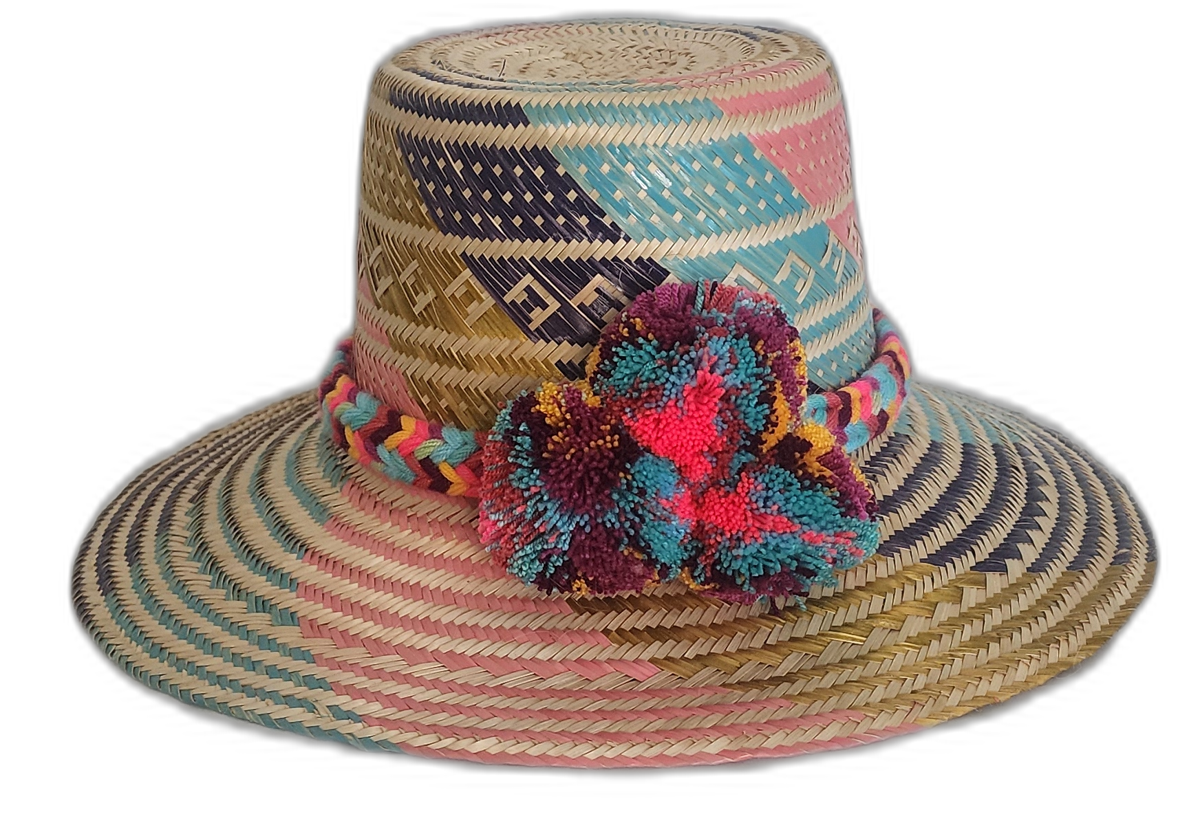 Handmade Wayuu straw hat with pink, teal, and burgundy pompoms
