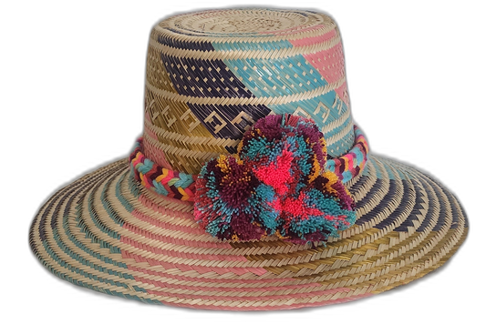 Handmade Wayuu straw hat with pink, teal, and burgundy pompoms