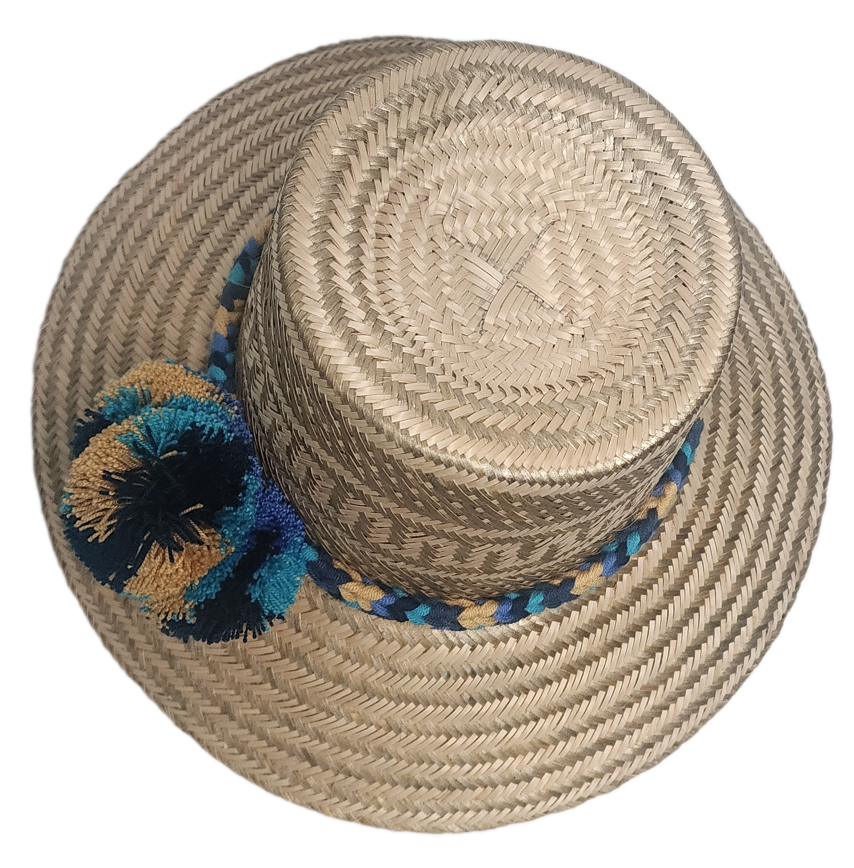 Artisan-crafted Wayuu hat in natural straw with blue, black, and mustard color accents — perfect for a handmade, bohemian summer look.