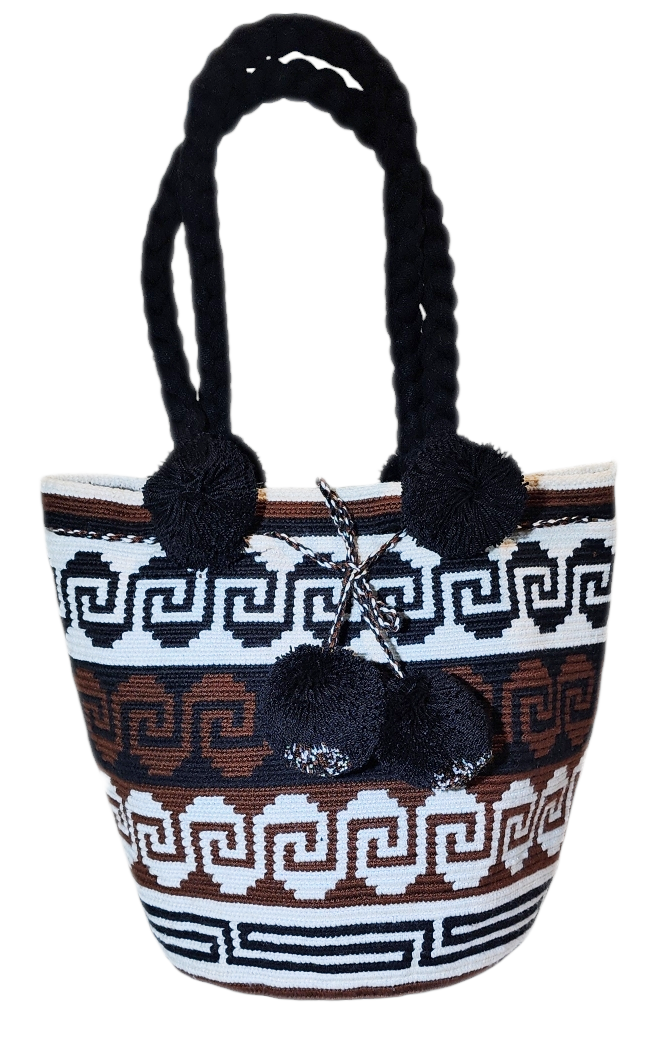 "Handmade Wuitusu Artisan Crochet Bag with vibrant, colorful patterns, showcasing Bohemian charm and Wayuu cultural artistry.