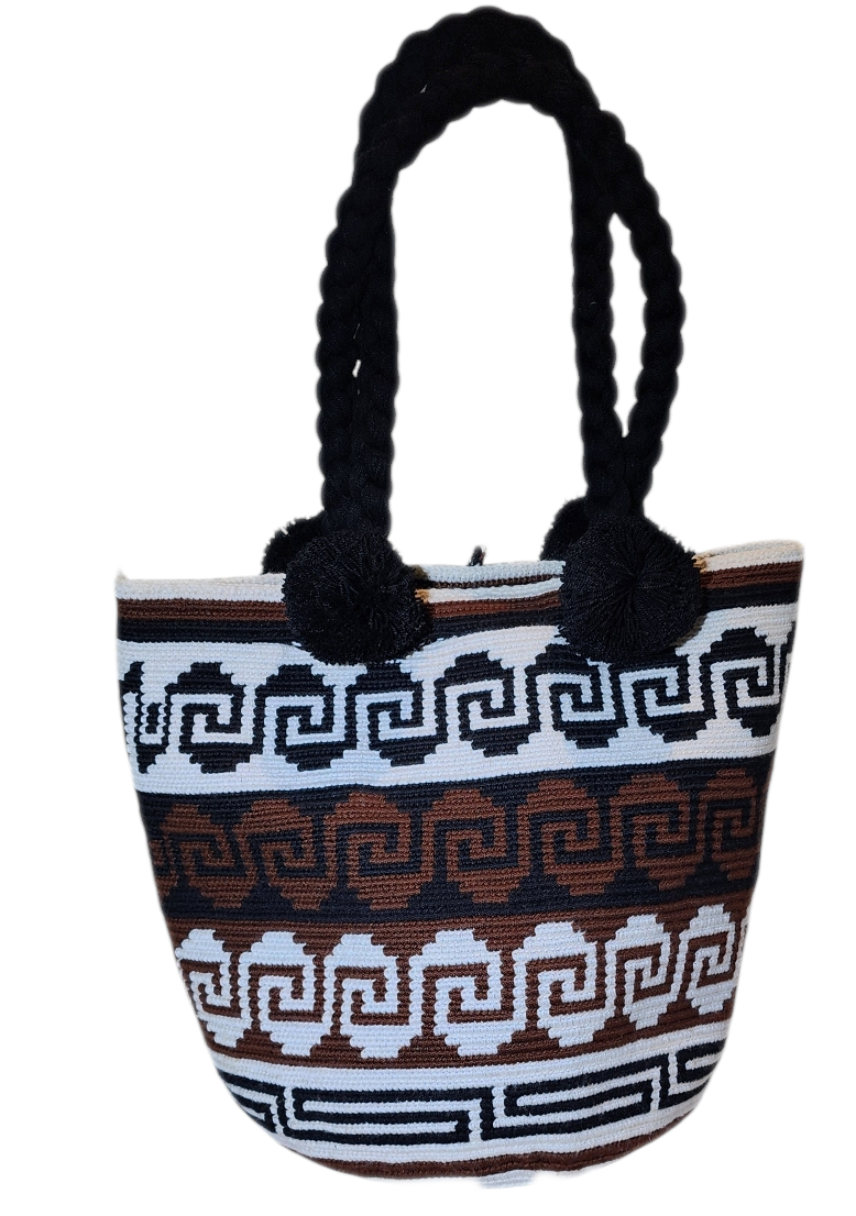 Bottom view "Handmade Wuitusu Artisan Crochet Bag with vibrant, colorful patterns, showcasing Bohemian charm and Wayuu cultural artistry.