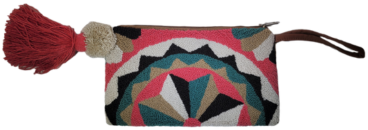 "Handmade Wuitusu Artisan Needle Punch Clutch with colorful Wayuu patterns, zippered closure, and fabric lining, supporting F
