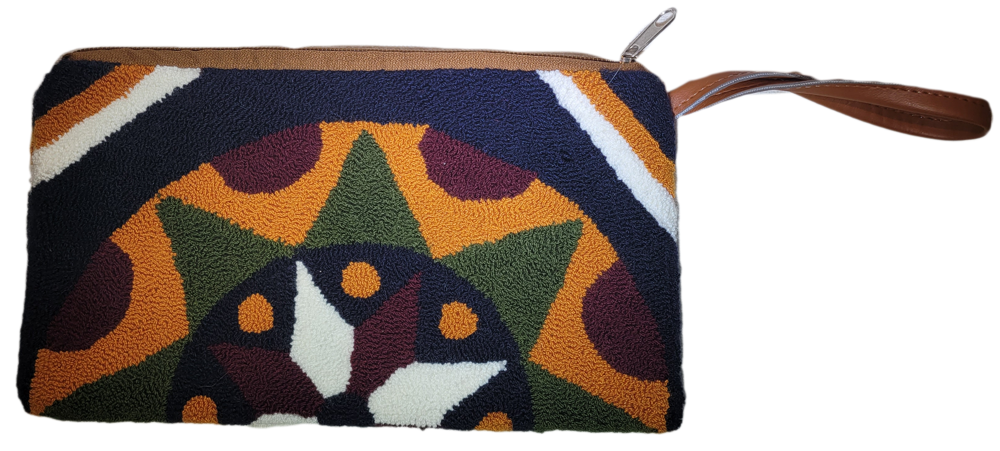 1 "Handmade Wuitusu Artisan Needle Punch Clutch with vibrant, colorful Wayuu patterns, zip closure, and lined interior."