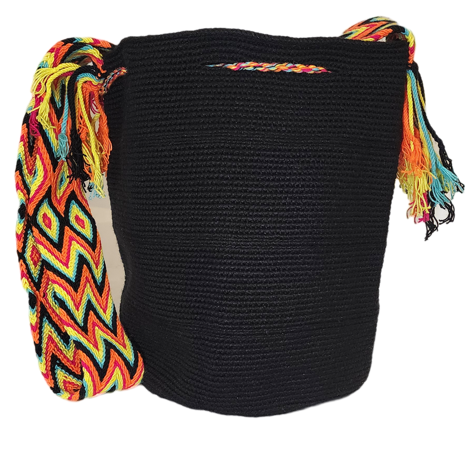 Bottom view "Handmade Wuitusu crochet bag crafted by Wayuu women, featuring vibrant patterns and colors symbolizing Wayuu culture."