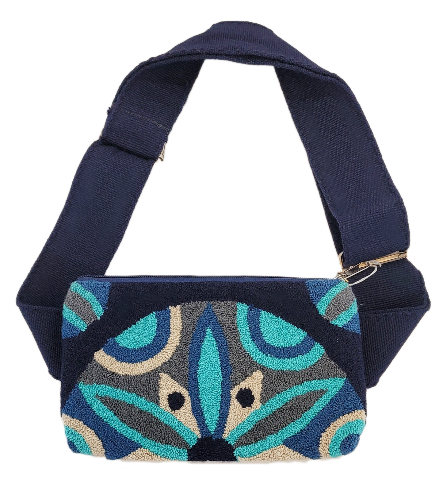 "Handmade Wuitusu Needle Punch Clutch with colorful, intricate patterns by Wayuu artisans, featuring a zip closure and versat