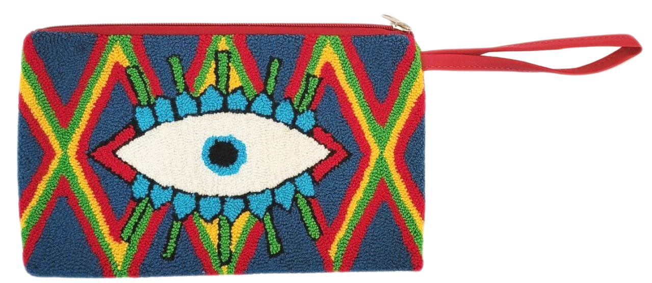 1 "Handmade Wuitusu Needle Punch Clutch with vibrant, colorful patterns by Wayuu artisans, featuring a zip closure and lined in
