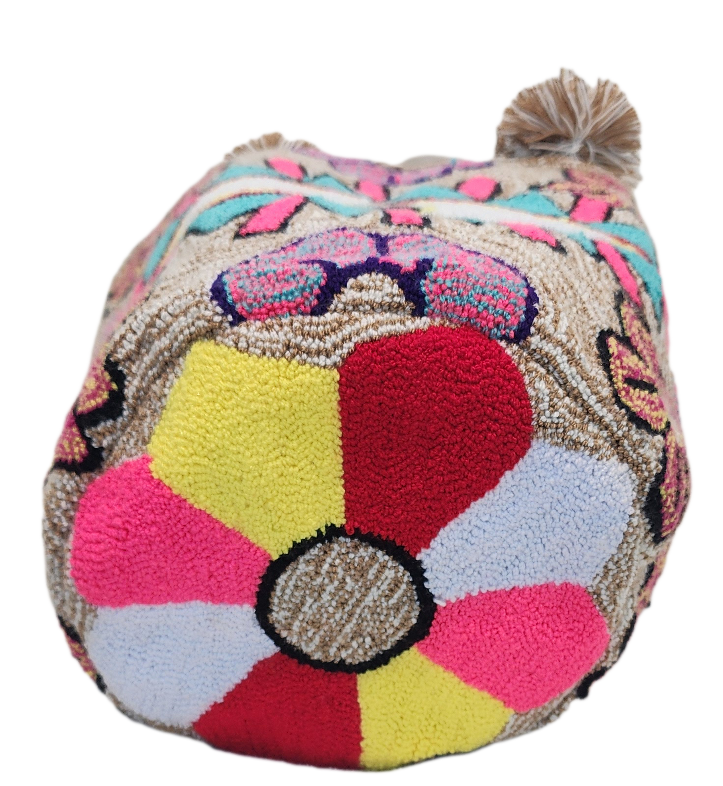"Handmade Wuitusu Punch Needle Bag with vibrant colors and a boho design, crafted by Wayuu artisans."