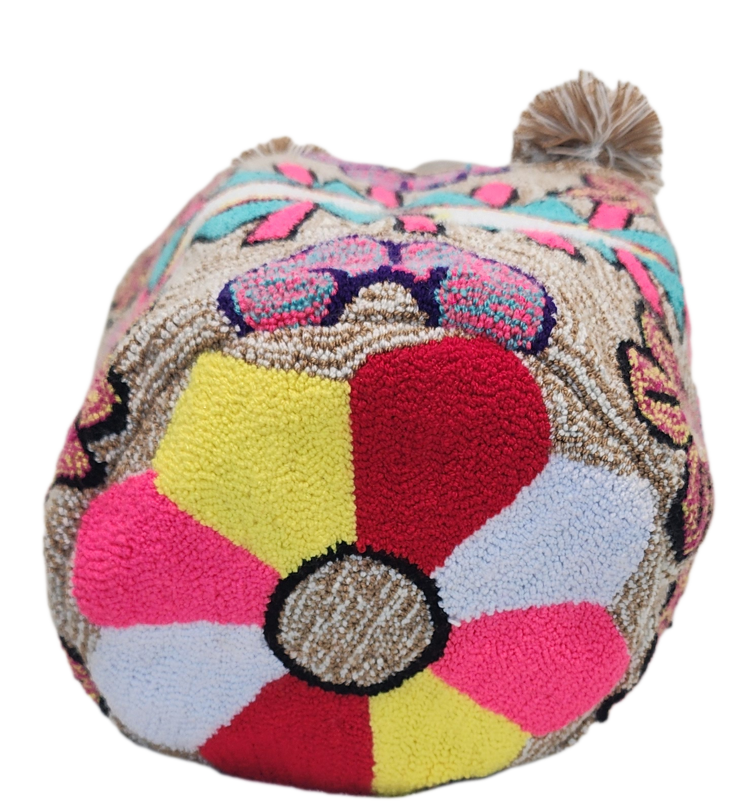 "Handmade Wuitusu Punch Needle Bag with vibrant colors and a boho design, crafted by Wayuu artisans."