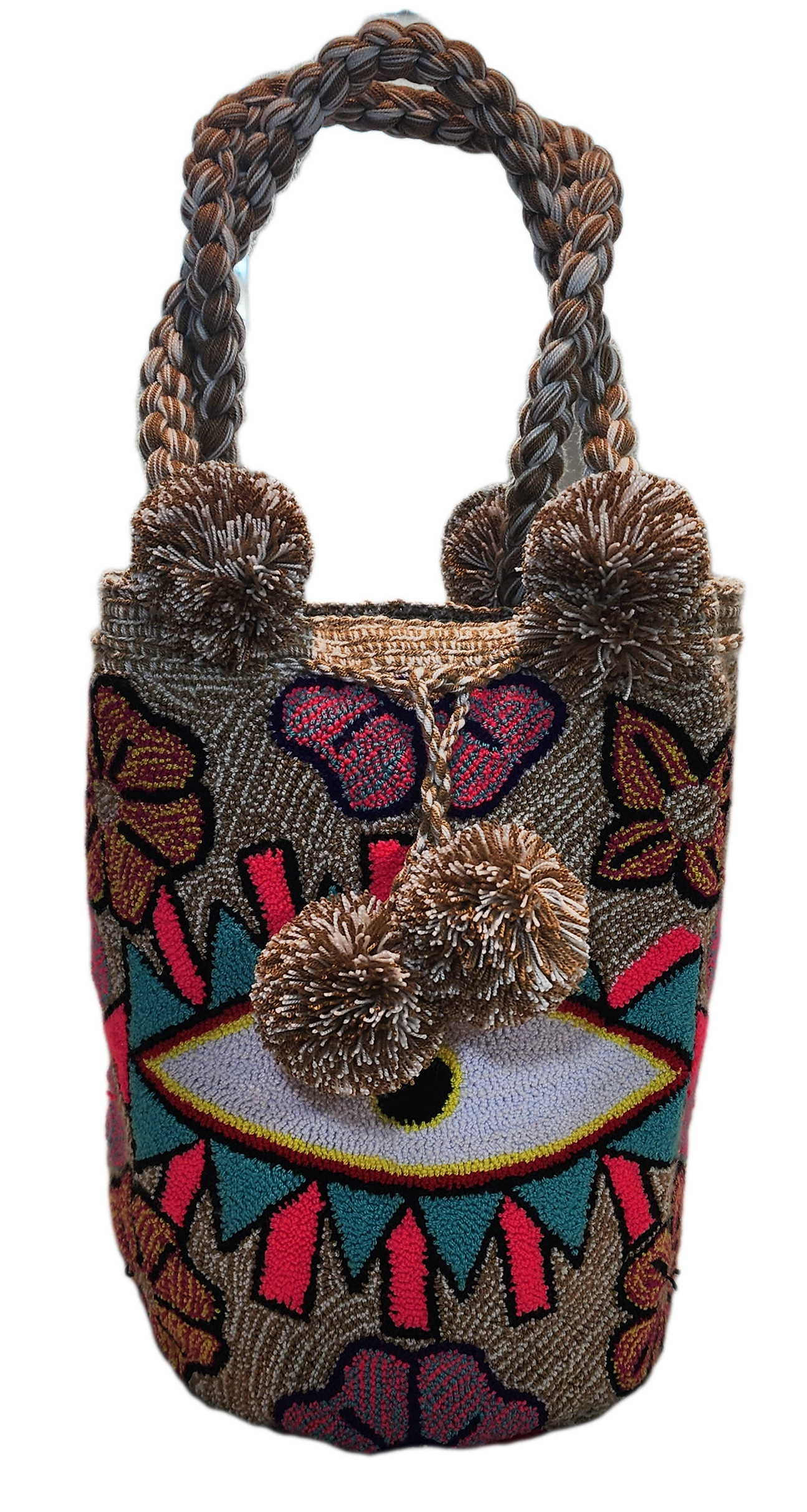 "Handmade Wuitusu Punch Needle Bag with vibrant colors and a boho design, crafted by Wayuu artisans."