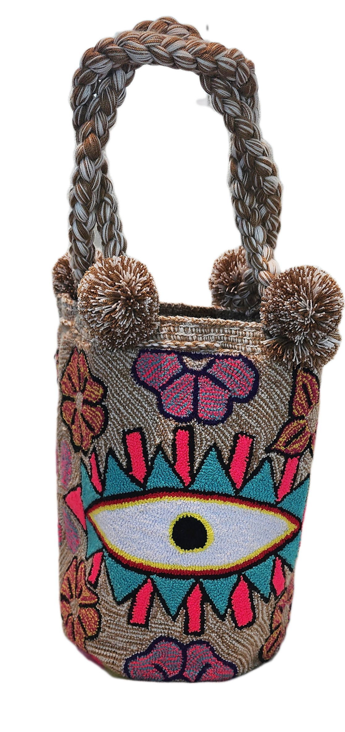 Bottom view "Handmade Wuitusu Punch Needle Bag with vibrant colors and a boho design, crafted by Wayuu artisans."