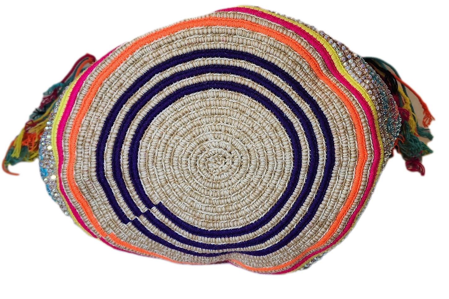 "Handmade Wuitusu Wayuu crochet bag adorned with crystals, showcasing vibrant colors and bohemian charm, supporting Wayuu Tay