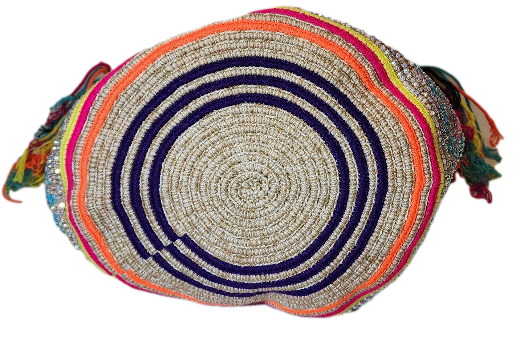 "Handmade Wuitusu Wayuu crochet bag adorned with crystals, showcasing vibrant colors and bohemian charm, supporting Wayuu Tay
