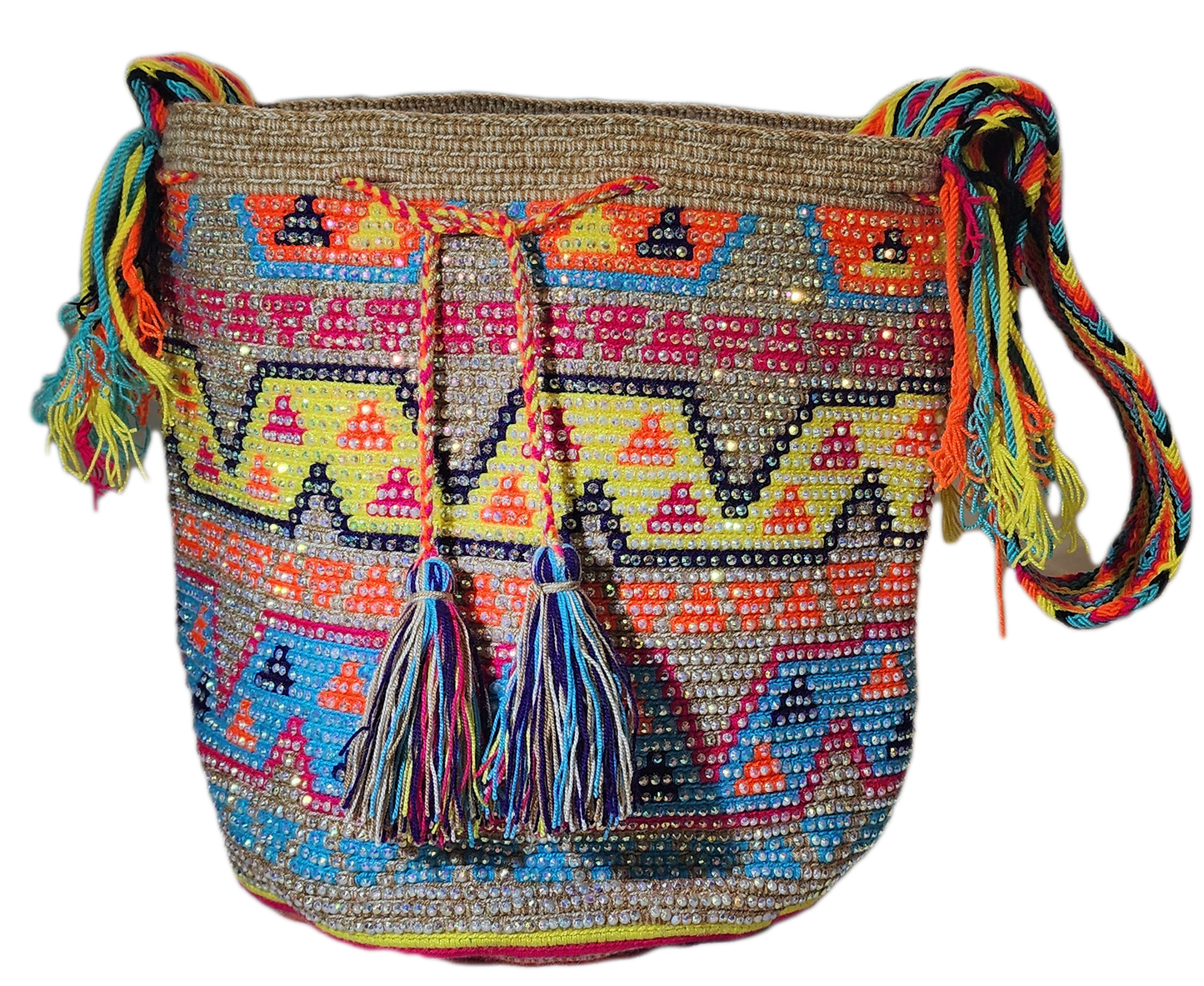 "Handmade Wuitusu Wayuu crochet bag adorned with crystals, showcasing vibrant colors and bohemian charm, supporting Wayuu Tay