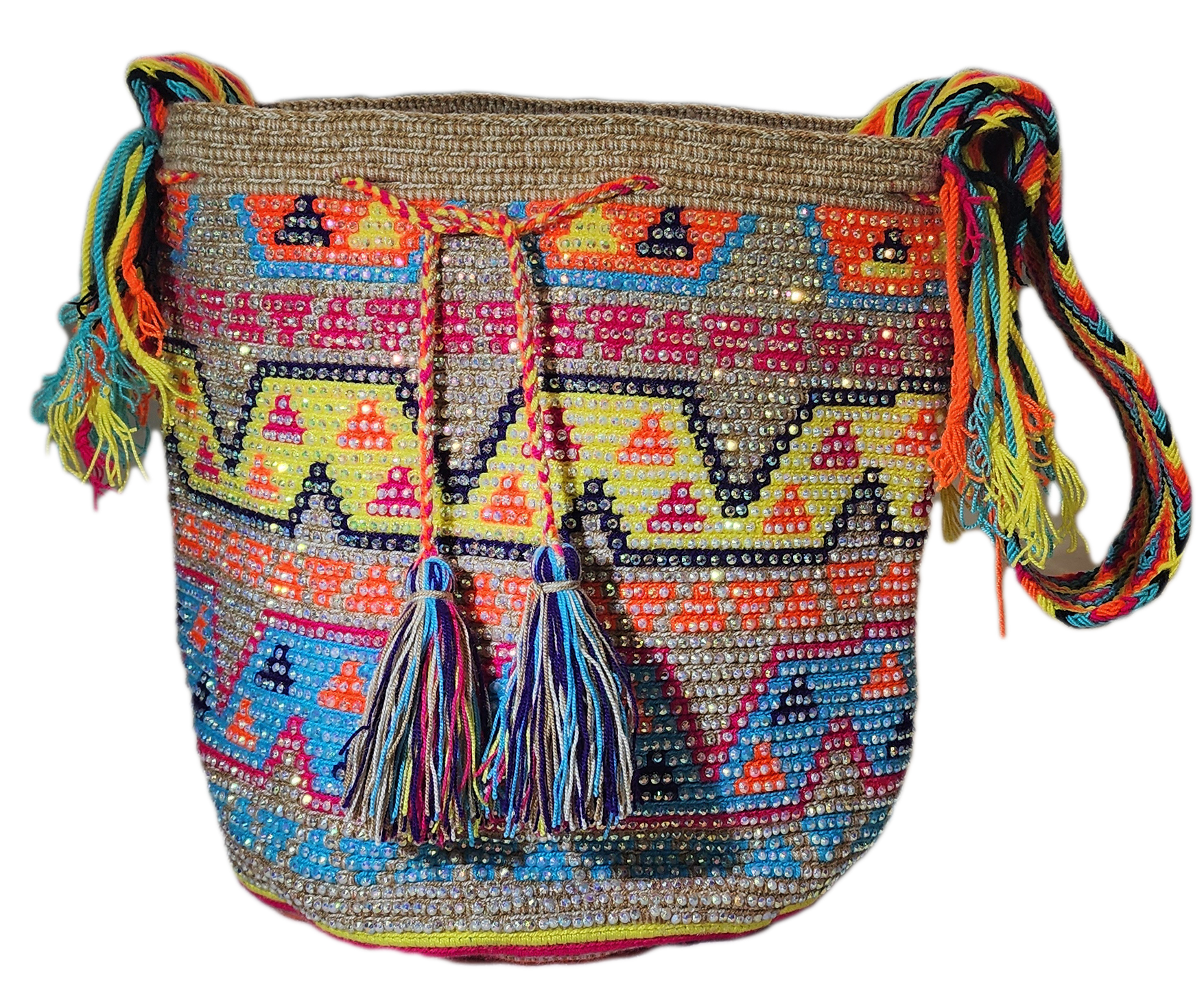 "Handmade Wuitusu Wayuu crochet bag adorned with crystals, showcasing vibrant colors and bohemian charm, supporting Wayuu Tay