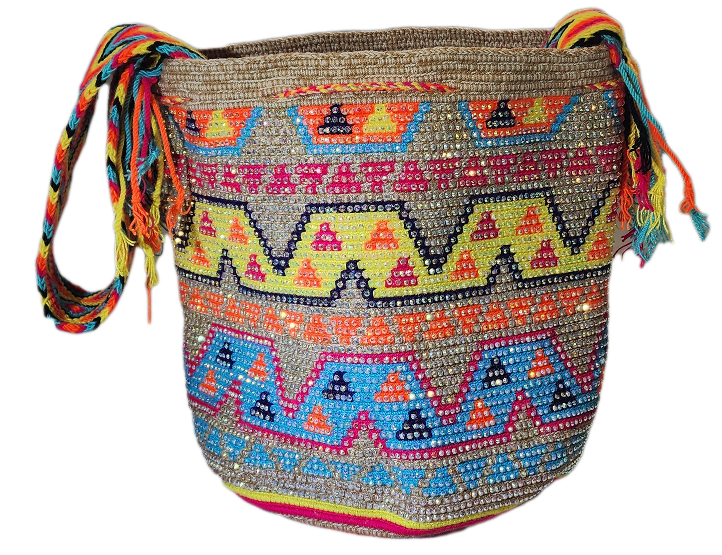"Handmade Wuitusu Wayuu crochet bag adorned with crystals, showcasing vibrant colors and bohemian charm, supporting Wayuu Tay
