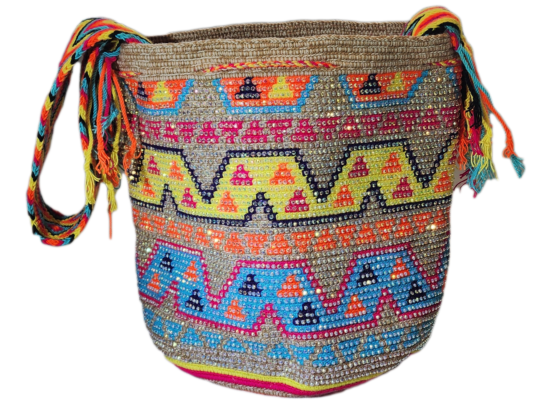 Bottom view "Handmade Wuitusu Wayuu crochet bag adorned with crystals, showcasing vibrant colors and bohemian charm, supporting Wayuu Tay