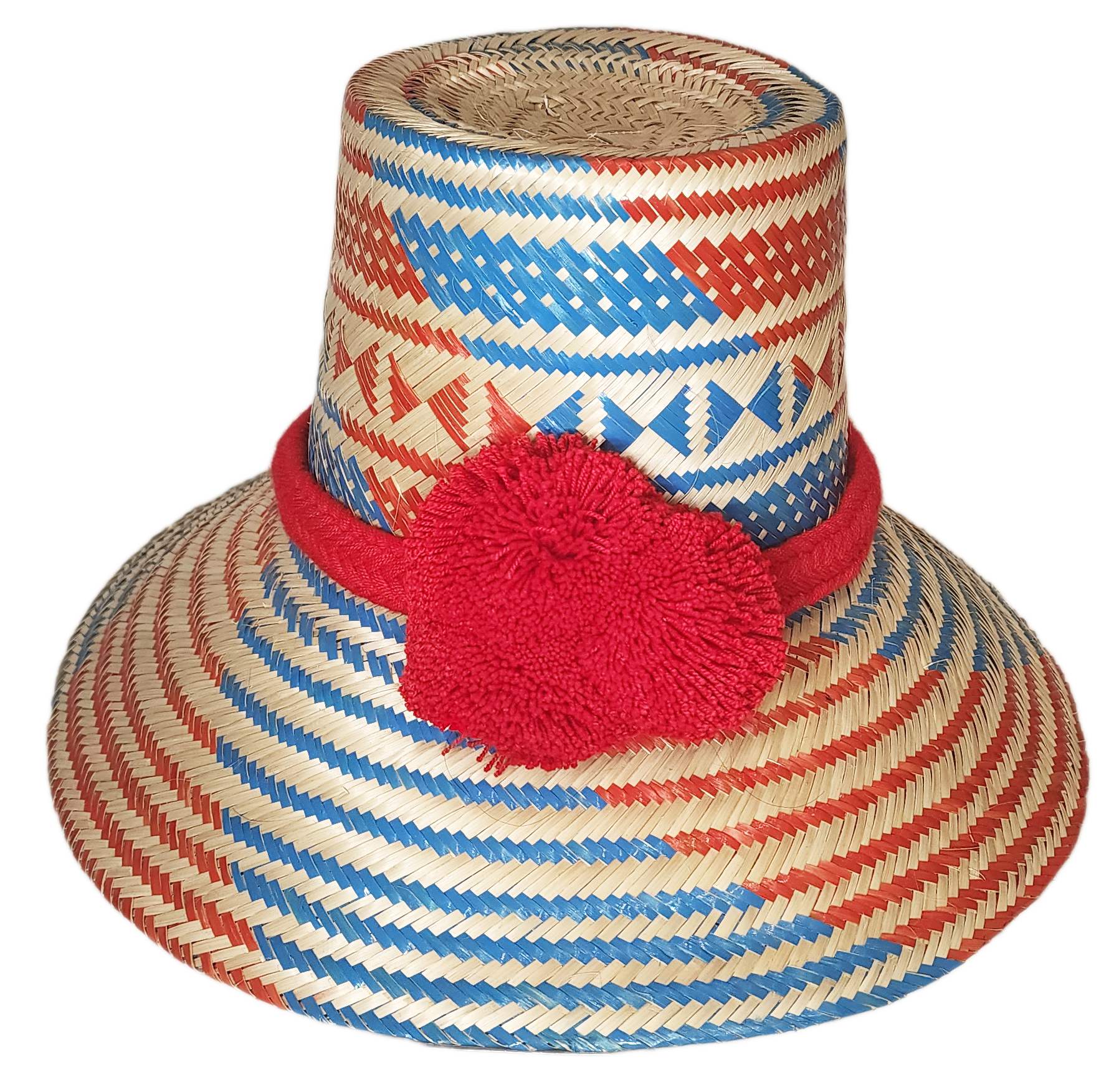 "Handmade Wuitusu Wayuu Hat crafted from Iraca palm, adorned with symbolic pompoms, offering adjustable fit and cultural sign
