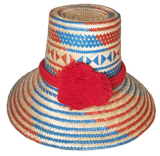"Handmade Wuitusu Wayuu Hat crafted from Iraca palm, adorned with symbolic pompoms, offering adjustable fit and cultural sign