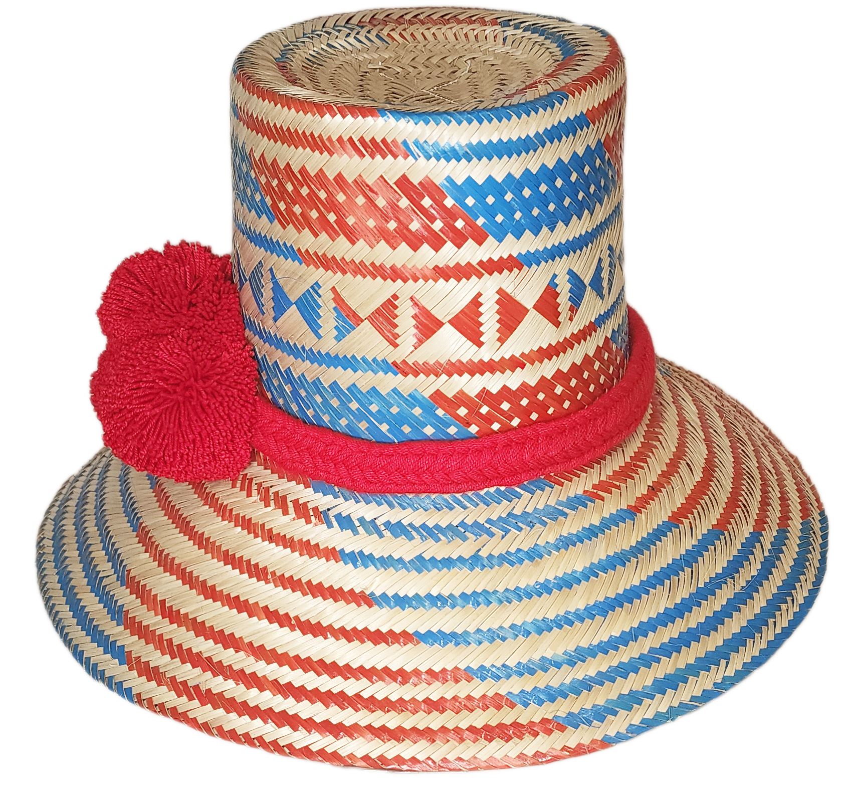 "Handmade Wuitusu Wayuu Hat crafted from Iraca palm, adorned with symbolic pompoms, offering adjustable fit and cultural sign