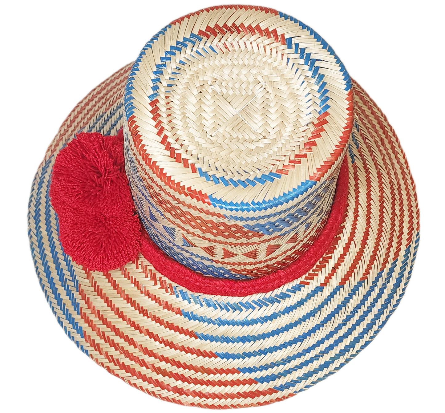 "Handmade Wuitusu Wayuu Hat crafted from Iraca palm, adorned with symbolic pompoms, offering adjustable fit and cultural sign