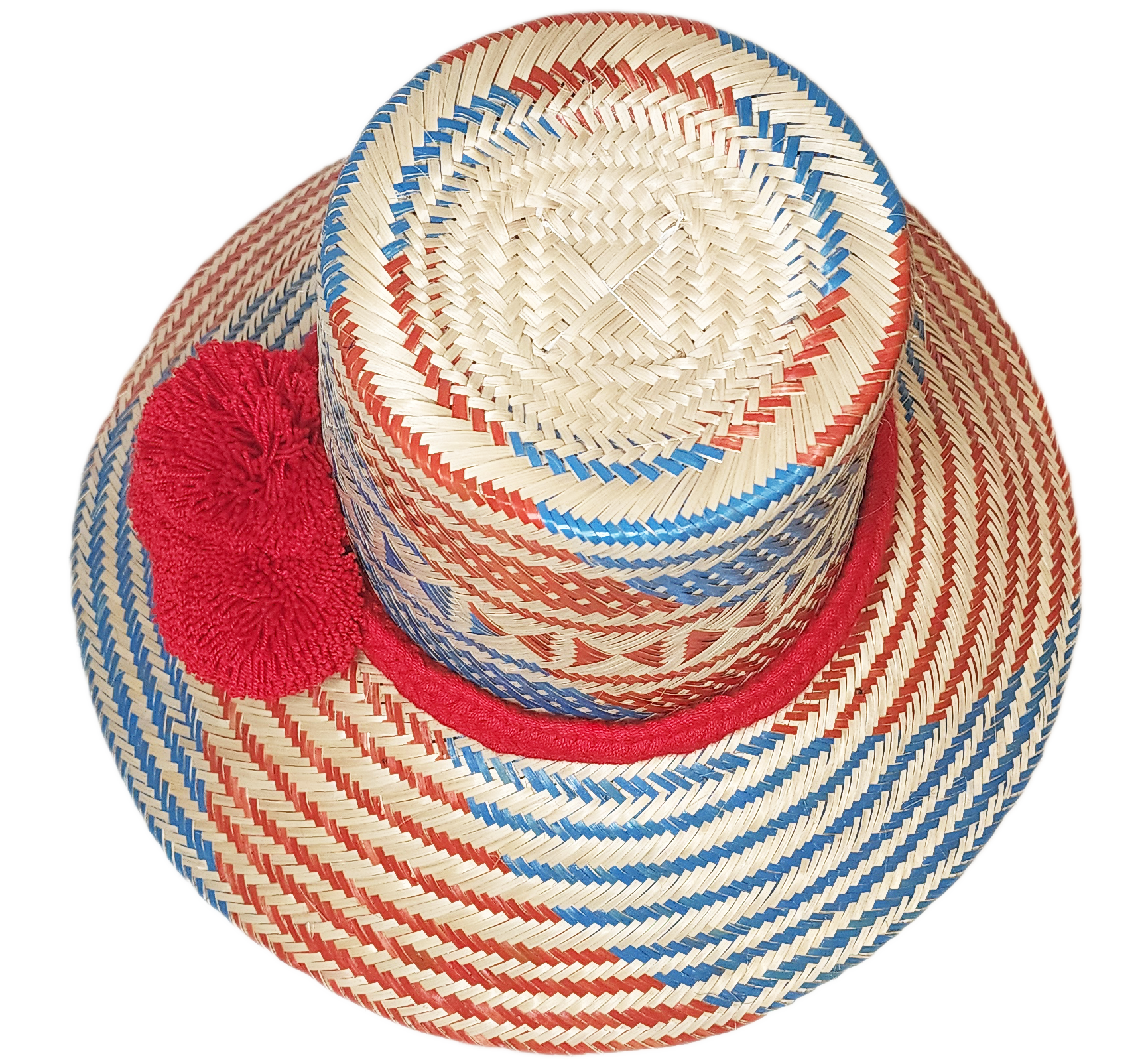 "Handmade Wuitusu Wayuu Hat crafted from Iraca palm, adorned with symbolic pompoms, offering adjustable fit and cultural sign