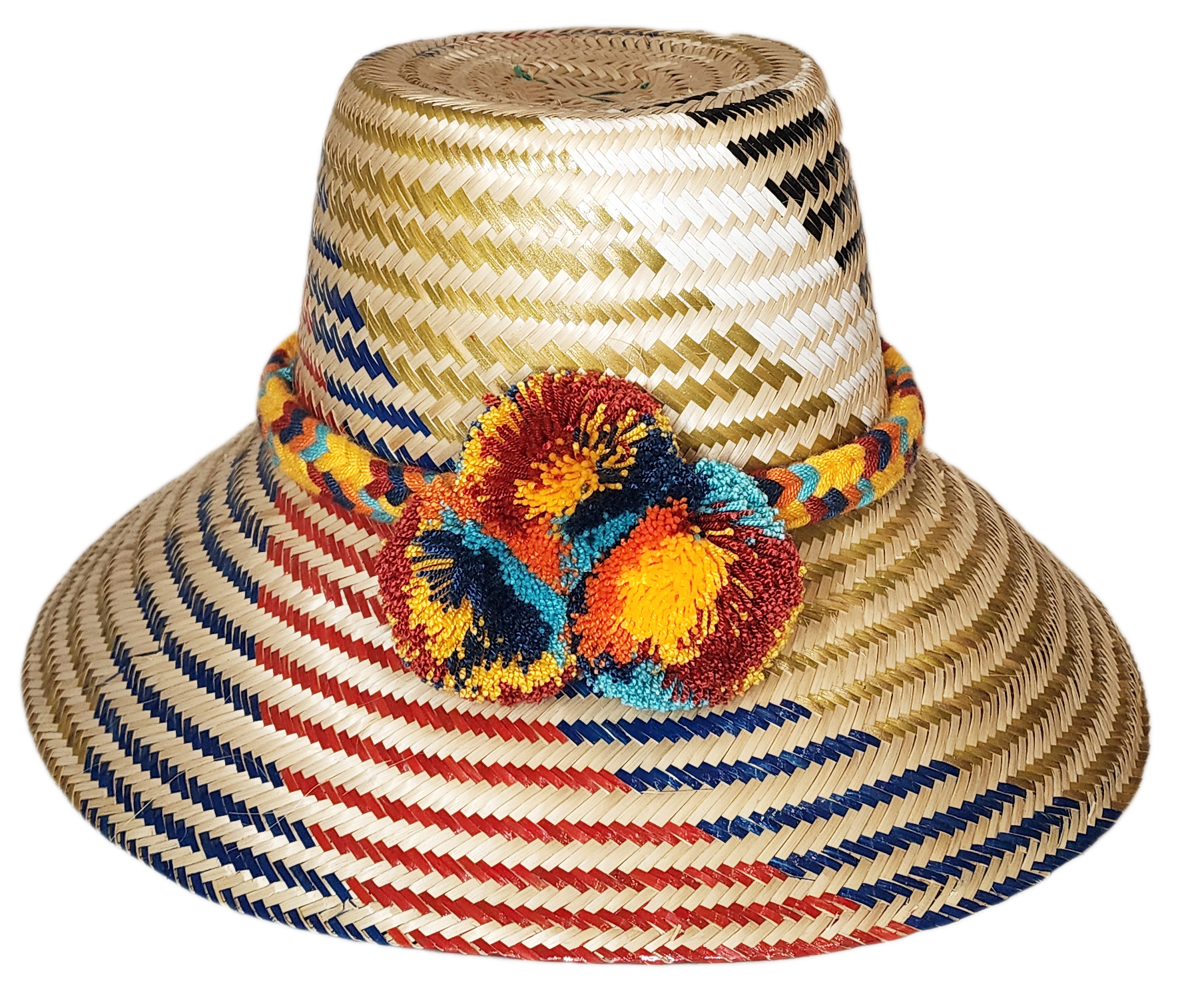 "Handmade Wuitusu Wayuu hat crafted from Iraca palm fibers, adorned with colorful pompoms, reflecting rich Wayuu tribal cultu