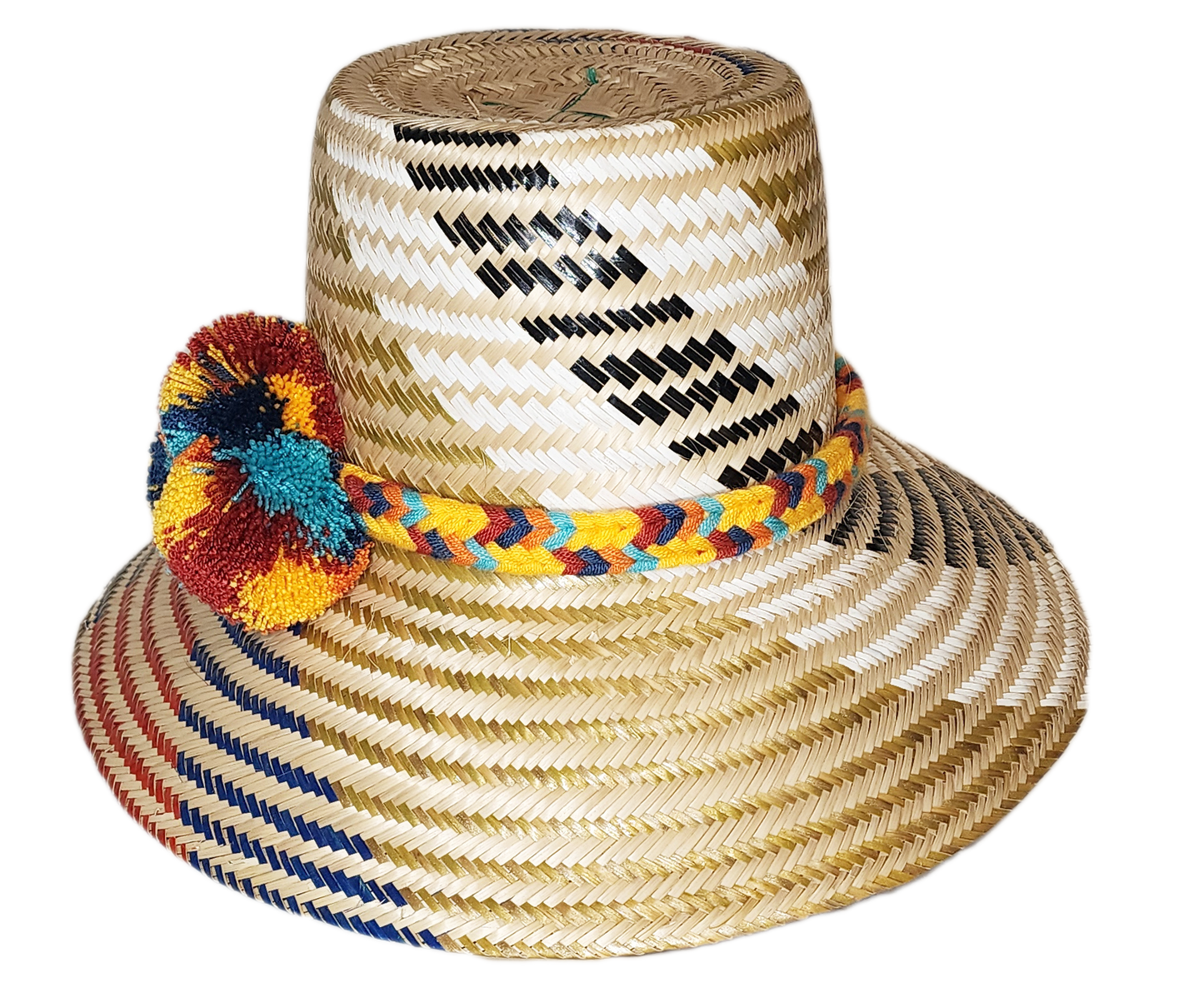 "Handmade Wuitusu Wayuu hat crafted from Iraca palm fibers, adorned with colorful pompoms, reflecting rich Wayuu tribal cultu