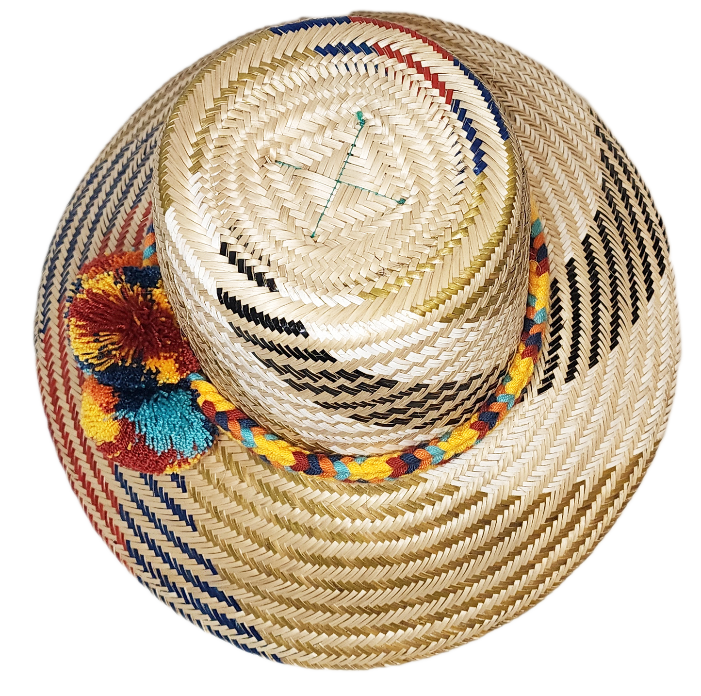 "Handmade Wuitusu Wayuu hat crafted from Iraca palm fibers, adorned with colorful pompoms, reflecting rich Wayuu tribal cultu