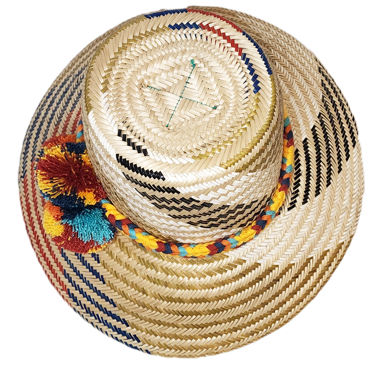"Handmade Wuitusu Wayuu hat crafted from Iraca palm fibers, adorned with colorful pompoms, reflecting rich Wayuu tribal cultu
