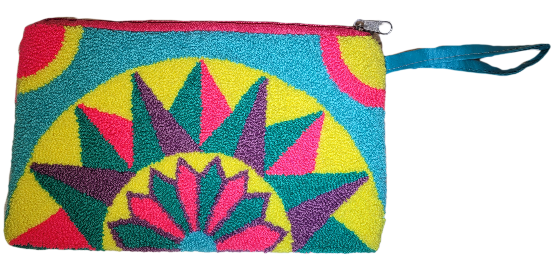 1 "Handmade Wuitusu Wayuu Needle Punch Clutch featuring colorful, unique patterns by Wayuu artisans, with secure zip closure."